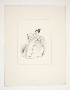 Robe de bal. Coiffure Jouenne, fleurs de Nattier.