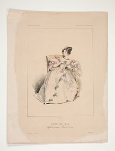 Robe de bal. Coiffure Jouenne, fleurs de Nattier. - Paul Gavarni