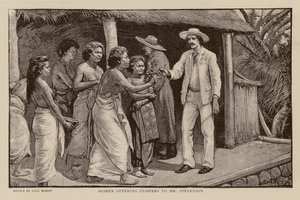 Femmes offrant des fleurs à Robert Louis Stevenson (gravure) - Paul Hardy