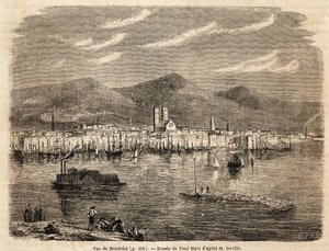Vue de Montréal, dessin de Paul Huet (1803-1869), pour illustrer les voyages en Amérique du Nord en 1854-1855, par L. Deville. Gravure dans "Le tour du monde" 1861. Collection Selva - Paul Huet
