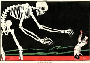 Le Kaiser et la mort. Première Guerre mondiale 1914-1918 : Guillaume II (1859-1941) dans une mer de sang menacé par un squelette. Caricature soulignant la stupidité mécanique et moqueuse allemande, soutenant ainsi le moral des Français pendant la guerre.