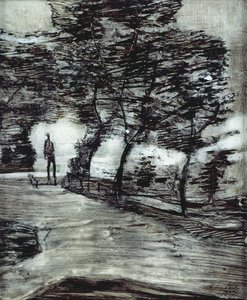 Chemin de parc, avec homme grand et chien