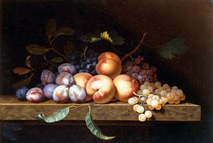 Pêches, prunes et raisins sur un rebord de pierre - Paul Liegeois