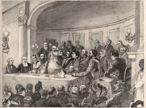 Le Congrès antiesclavagiste tenu à Paris les 21, 22 et 23 septembre 1890 à la Société de Géographie en présence de Jules Simon, Émile Keller et Monseigneur Lavigerie. Gravure d