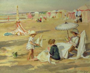 Mère avec ses enfants sur la plage - Paul Michel Dupuy