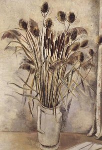 Nature morte avec des quenouilles dans un pichet blanc