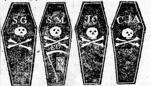 Dessin des quatre cercueils du massacre de Boston, imprimé dans le Boston Gazette, le 12 mars 1770