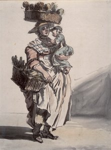 Vendeuse de légumes verts à Londres portant un enfant, 1759