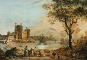 Château de Caernarvon, avec un harpiste au premier plan