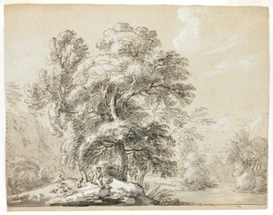 Homme et chien assis sous les arbres près de la rivière - Paul Sandby