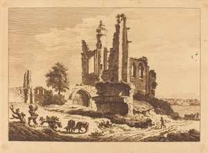 Abbaye en ruine avec du bétail et un homme coupant du bois