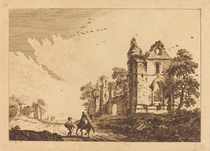 Abbaye en ruine avec des voyageurs sur la route