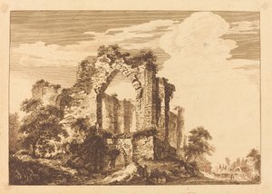 Ruines avec un Homme Assis et une Charette Couverte au Loin