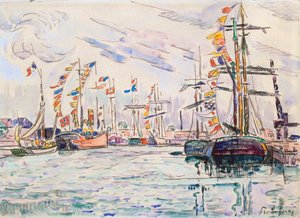 Voiliers avec drapeaux de fête à un quai à Saint-Malo, années 1920