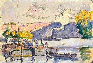 Deux barges, bateau et remorqueur à Samois, vers 1900 - Paul Signac