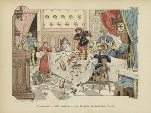 Il sauta sur la table, brisant verres, assiettes et bouteilles