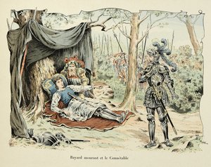 Illustration tirée du livre « Histoire du chevalier Bayard » de Théodore Cahu, illustrée par Paul De Semant (1855-1915) : Bayard mourant et Le Connétable de Bourbon 1524 - Paul de Semant