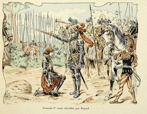 Illustration tirée du livre « Histoire du chevalier Bayard » de Théodore Cahu, illustrée par Paul De Sémant (1855-1915) : François Ier armé chevalier par Bayard 1515 - Paul de Semant