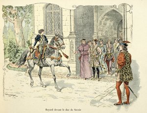 Illustration tirée du livre « Histoire du chevalier Bayard » de Théodore Cahu, illustrée par Paul De Sémant (1855-1915) : Bayard à 11 ans devant le duc de Savoie 1486 - Paul de Semant