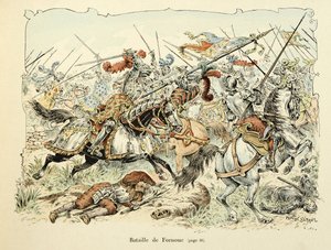 Illustration tirée du livre « Histoire du chevalier Bayard » de Théodore Cahu, illustrée par Paul De Sémant (1855-1915) : Bataille de Fornoua 1495 - Paul de Semant