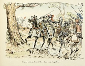 Illustration tirée du livre "Histoire du chevalier Bayard" par Théodore Cahu, illustrée par Paul De Sémant : Bayard blesse mortellement avec un coup d