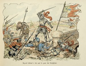 Illustration tirée du livre "Histoire du chevalier Bayard" de Théodore Cahu, illustrée par Paul De Sémant (1855-1915) : Bayard défend seul le pont de Garigliano 1504