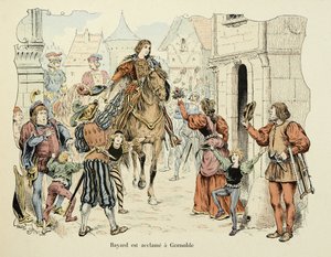 Illustration tirée du livre « Histoire du chevalier Bayard » de Théodore Cahu, illustrée par Paul De Sémant (1855-1915) : Bayard acclamé à Grenoble - Paul de Semant