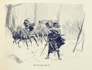 Illustration tirée du livre « Histoire du chevalier Bayard » de Théodore Cahu, illustrée par Paul De Semant (1855-1915) : Fuite du pape Jules II
