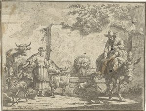 Femme et homme sur un âne près d