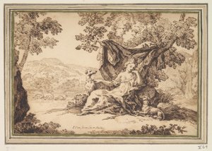 Femme avec deux chiens assise dans un paysage