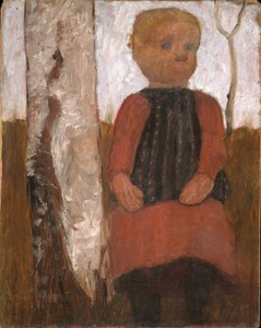 Enfant en robe rouge près d