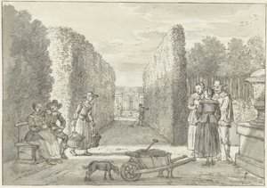 Diverses personnes dans un jardin avec de hautes haies - Paulus Constantijn la Fargue