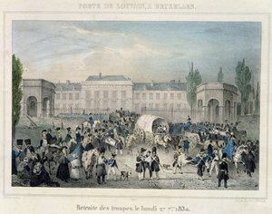 Porte de Louvain, Bruxelles : La retraite des troupes néerlandaises, 27 septembre 1830, gravé par Dewasme-Pletinckx - Paulus Lauters