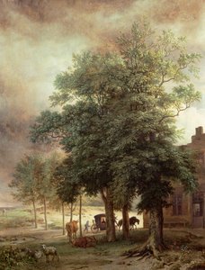 Paysage avec carrosse ou maison au-delà des arbres - Paulus Potter
