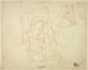 Homme ajustant la selle sur un cheval - Paulus Potter