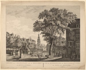 Vue de la place du Roi vers la tour des Réguliers ou des Monnaies, à Amsterdam - Paulus van Liender after Jan de Beyer