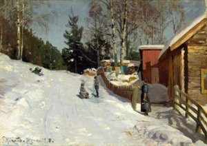 Enfants jouant dans une rue de village enneigée