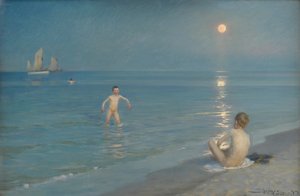 Garçons se baignant à Skagen. Soirée d