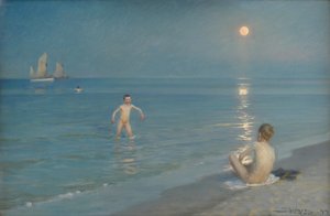 Garçons se baignant à Skagen. Soirée d