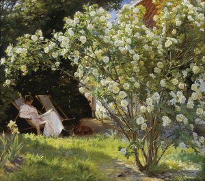 Roses. Marie Krøyer assise dans le transat dans le jardin de la maison de Mme Bendsen - Peder Severin Krøyer