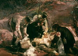 Don de sang. Des blessés de guerre sont secourus par des volontaires de la Croix-Rouge