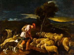 Jacob arrosant les moutons de Laban devant des branches épluchées