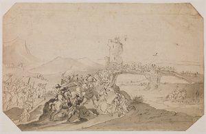 Scène de bataille dans un paysage avec un pont sur une rivière, recto - Peeter Snayers