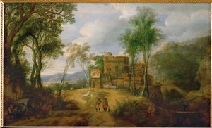 Paysage de montagne avec château (peinture sur bois de chêne)