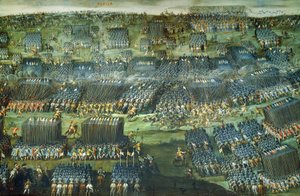La bataille de la Montagne Blanche près de Prague les 7-8 novembre 1620, peinture par Pieter Snayers (1592-1667) conservée à Santa Maria della Vittoria, Rome. (Détail). Guerre de Trente Ans, République tchèque