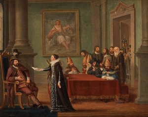 Christine Gyllenstierna (1494-1559) avec la lettre de sauf-conduit, devant le roi Christian II de Danemark (1481-1559) - Pehr Hilleström