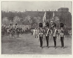 Le roi et le 3e bataillon des Scots Guards, les officiers avec les nouvelles couleurs défilant devant Sa Majesté - Percy F.S. Spence