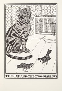 Le Chat et les Deux Moineaux, des Fables de Fontaine, pub. 1905 - Percy J. Billingshurst