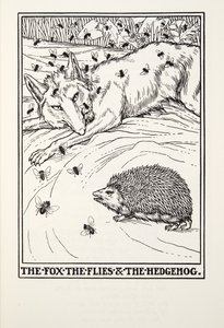 Le Renard, les Mouches et le Hérisson, des Fables de Fontaine, pub. 1905