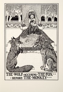 Le Loup accusant le Renard devant le Singe, des Fables de Fontaine, pub. 1905